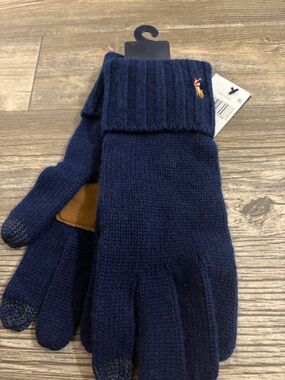 Ralph Lauren Navy Knit Men's Touchscreen-Friendly Gloves with Embroidered Pony